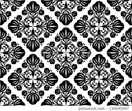 Vector seamless folk art tile pattern. Monochrome tracery bloom texture. Floral decorative background 136695007
