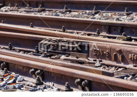 Crossing (track gap) and 50N rail markings on a railroad turnout Crossing (track gap) and 50N rail markings on a railroad turnout 136695036