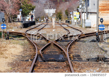 Rusty rails and a track switch at Otaki Station on the Isumi Railway Rusty rails and a track switch at Otaki Station on the Isumi Railway 136695037