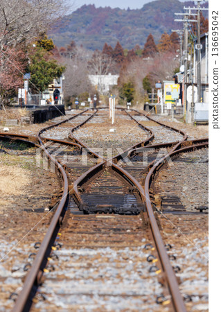 Rusty rails and a track switch at Otaki Station on the Isumi Railway Rusty rails and a track switch at Otaki Station on the Isumi Railway 136695042