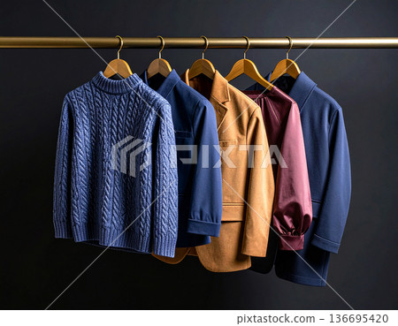 Winter clothes hanging on a gold bar in a closet, black background 136695420