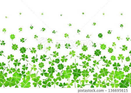 St. Patricks Day shamrock background with falling clover leaves. Lucky four-leaf symbols. Green Irish border design for spring celebration banners and festive cards. Vector illustration St. Patricks Day shamrock background with falling clover leaves. Lucky four-leaf symbols. Green Irish border design for spring celebration banners and festive cards. Vector illustration 136695615