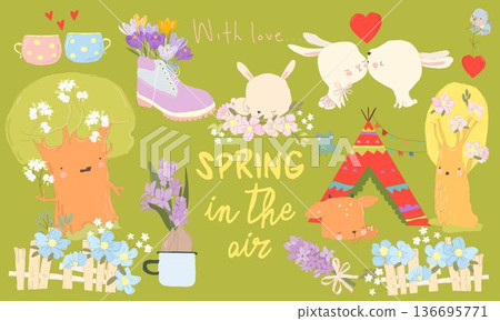 Cartoon Set with Cute Animals and Spring Flowers 136695771
