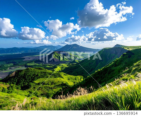【人工智慧生成的圖像】日本的自然美景：阿蘇山及其壯觀的火山口的壯麗景色 136695914