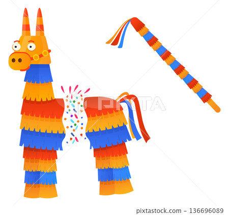 Broken pinata lama with falling candy. Party game 136696089