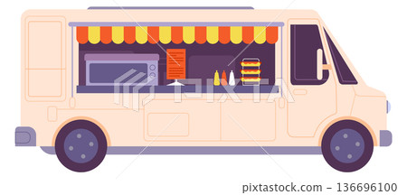 Open fast food truck mockup. Cartoon car Open fast food truck mockup. Cartoon car 136696100