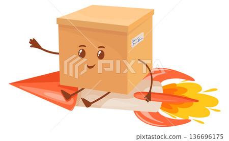 Fast delivery mascot. Shipping box fly on rocket Fast delivery mascot. Shipping box fly on rocket 136696175