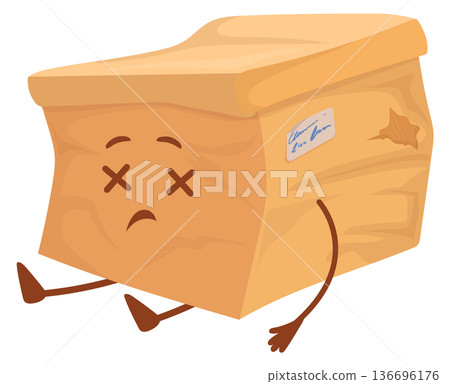 Broken cargo box mascot. Delivery failure cartoon character Broken cargo box mascot. Delivery failure cartoon character 136696176