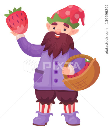 Gardening gnome harvest strawberry in basket cartoon character Gardening gnome harvest strawberry in basket cartoon character 136696292