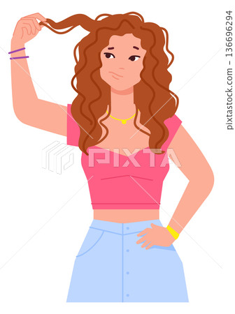 Woman think about curly hair care healthy routine 136696294