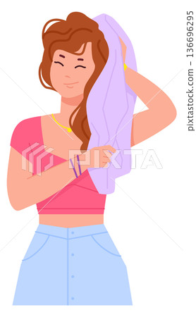 Girl wrap hair in towel. Dry head routine 136696295