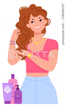 Woman apply hair care products. Curly waves styling 136696297