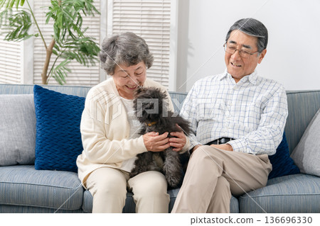 Senior couple spending time with their dog in the living room Senior couple spending time with their dog in the living room 136696330