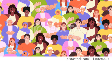 Give to Gain IWD 2026 concept International Women's Day seamless pattern Diverse women raising open palms. Women's march or rally, hands giving gesture. Modern flat vector illustration banner backdrop 136696695