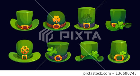 Cartoon leprechaun hats. Vector set of festive green top hats and bowlers with gold buckles, shamrocks and decor. Cylinder caps symbolize Irish culture, luck, and St Patrick Day holiday celebrations Cartoon leprechaun hats. Vector set of festive green top hats and bowlers with gold buckles, shamrocks and decor. Cylinder caps symbolize Irish culture, luck, and St Patrick Day holiday celebrations 136696745