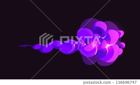 Cartoon magic purple smoke effect. Vector explosion glowing with energy and fantasy fire. vfx cloud with sparkle, burst, trail, dust and neon flare. Isolated bright blast effect for game animation 136696747
