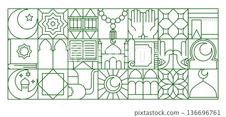 Islam muslim arabic geometric Bauhaus pattern. Islamic religion abstract vector background, Arabic culture green linear pattern. Muslim print with crescent, Koran book, mosque minaret and ornaments Islam muslim arabic geometric Bauhaus pattern. Islamic religion abstract vector background, Arabic culture green linear pattern. Muslim print with crescent, Koran book, mosque minaret and ornaments 136696761
