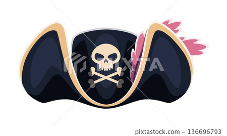 Pirate tricorn and corsair captain hat. Cartoon vector captain cocked hat. Swashbuckler headdress with pink feathers, jolly roger skull and crossbones. Sea sailor cap, filibuster costume accessory Pirate tricorn and corsair captain hat. Cartoon vector captain cocked hat. Swashbuckler headdress with pink feathers, jolly roger skull and crossbones. Sea sailor cap, filibuster costume accessory 136696793