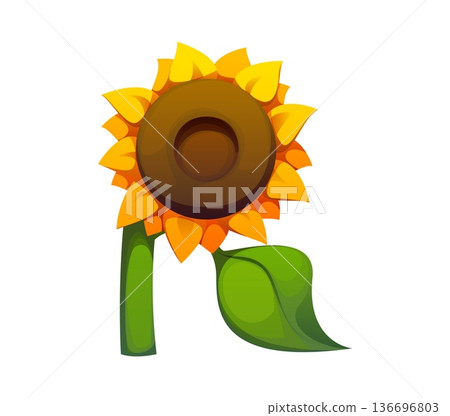 Cartoon letter R as a sunflower with green stem and yellow petals, cheerful farm themed abc character. Vector agriculture typeface, farm font, harvest type, funny English alphabet as garden flower Cartoon letter R as a sunflower with green stem and yellow petals, cheerful farm themed abc character. Vector agriculture typeface, farm font, harvest type, funny English alphabet as garden flower 136696803