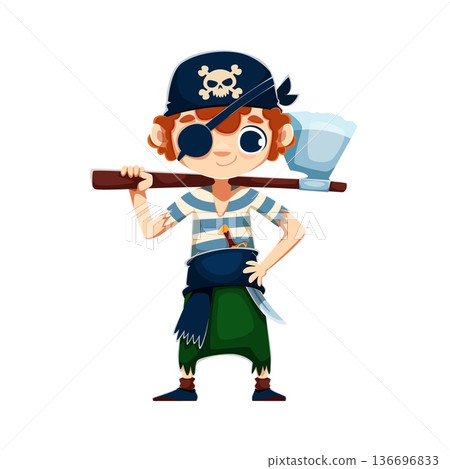 Cartoon cute pirate kid boy character with an eye patch, wooden axe and pirate outfit, standing with playful smile. Vector corsair personage ready for adventurous journey on the high seas or the party Cartoon cute pirate kid boy character with an eye patch, wooden axe and pirate outfit, standing with playful smile. Vector corsair personage ready for adventurous journey on the high seas or the party 136696833