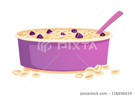 Cartoon oatmeal porridge in bowl with spoon. Vector oat cereal food with grain flakes, berries and creamy texture. Sweet healthy breakfast meal natural nutritious dish isolated on white background Cartoon oatmeal porridge in bowl with spoon. Vector oat cereal food with grain flakes, berries and creamy texture. Sweet healthy breakfast meal natural nutritious dish isolated on white background 136696834