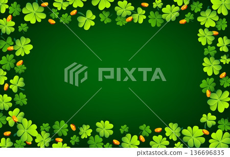 Shamrock clover St Patrick's day background. Saint Patrick day green vector wallpaper, Irish celebration cover background. Spring holiday collage backdrop with clover green leaves and golden coins 136696835