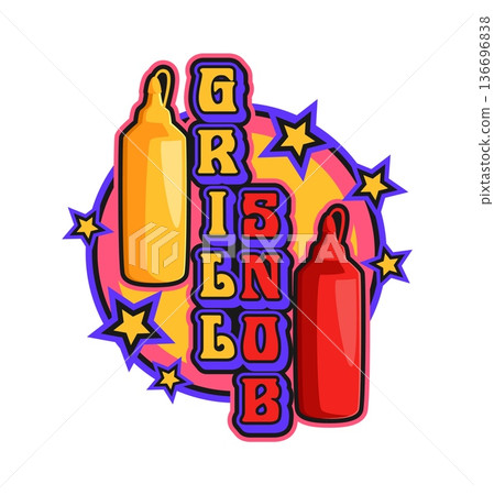 Barbeque restaurant, grill menu Y2K retro sticker or print. Steak barbeque 60s Y2K vector tag, BBQ party vintage patch. Meat grilling hobby label with mustard and ketchup sauce bottles and typography Barbeque restaurant, grill menu Y2K retro sticker or print. Steak barbeque 60s Y2K vector tag, BBQ party vintage patch. Meat grilling hobby label with mustard and ketchup sauce bottles and typography 136696838