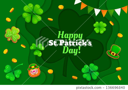Paper cut happy St Patrick's day greeting card. Ireland holiday cutout vector greeting card, Irish Saint Patrick party poster with clover shamrock leaves, leprechaun face and hat cookies, golden coins 136696840