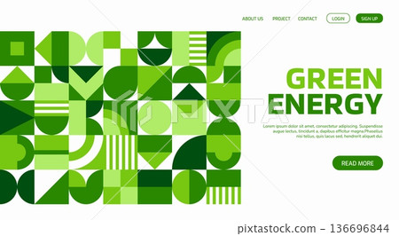 Environment ecology business landing page with geometric Bauhaus pattern. Clean electricity generation company vector webpage, sustainable renewable energy site landing page with Bauhaus pattern 136696844