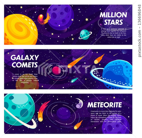 Galaxy space banners with stars comets and meteors. Cosmos discovery cartoon vector flyer, galaxy comets banner. Astronomy starry background with fantasy planets and flying meteors or asteroids Galaxy space banners with stars comets and meteors. Cosmos discovery cartoon vector flyer, galaxy comets banner. Astronomy starry background with fantasy planets and flying meteors or asteroids 136696848
