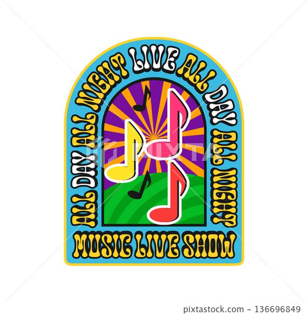 Music night club Y2K funky sticker or patch. Radio melody funky Y2K vector label, festival concert sound groovy patch. Musical audio record tag or sticker with music notes and funky retro typography Music night club Y2K funky sticker or patch. Radio melody funky Y2K vector label, festival concert sound groovy patch. Musical audio record tag or sticker with music notes and funky retro typography 136696849