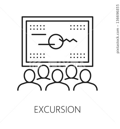 Modern art museum excursion thin line icon or symbol. History museum exhibition outline sign, modern art gallery exposition vector symbol or icon with museum visitors looking on painting on wall 136696855