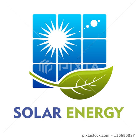 Solar energy technology icon with sun rays, square solar panels and green leaf. Vector emblem symbolizing clean, renewable energy, electricity production and modern green, eco friendly innovation Solar energy technology icon with sun rays, square solar panels and green leaf. Vector emblem symbolizing clean, renewable energy, electricity production and modern green, eco friendly innovation 136696857