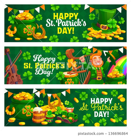Happy St Patrick's day banner. Ireland folk celebration vector greeting card, holiday banner. Saint Patrick flyer with happy leprechaun, golden coins in pot, shamrock clovers and musical instruments Happy St Patrick's day banner. Ireland folk celebration vector greeting card, holiday banner. Saint Patrick flyer with happy leprechaun, golden coins in pot, shamrock clovers and musical instruments 136696864