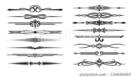 Vintage divider decor, elegant frame separate borders. Vector frame line borders and dividers with filigree floral ornaments, tribal and celtic knot patterns, page decoration black elements set 136696893