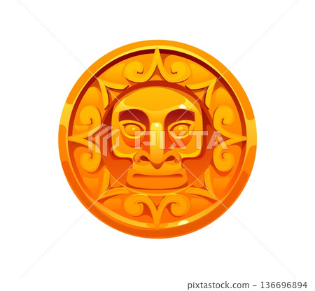 Aztec ethnic golden sun medallion mobile game icon. Fantasy videogame Mexican Maya tribe golden medallion or coin accessory, Aztec culture or religion game asset vector item or RPG gaming icon 136696894