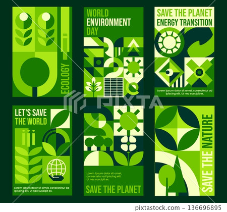Ecology and environment posters with geometric Bauhaus patterns. Nature and environment protection vector poster templates. Save planet ecology banner or flyer with plant green leaves Bauhaus patterns 136696895