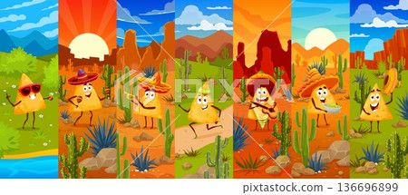 Mexican nachos chip characters collage. Funny cartoon vector tex mex food personages in desert and canyon landscapes, wear sombreros or sunglasses, holding maracas, music instruments or food items Mexican nachos chip characters collage. Funny cartoon vector tex mex food personages in desert and canyon landscapes, wear sombreros or sunglasses, holding maracas, music instruments or food items 136696899