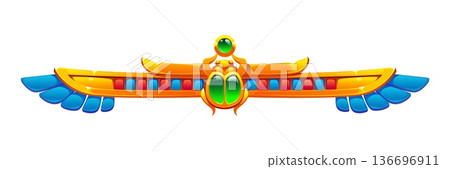Ancient Egypt ornament, Egyptian divider vector frame border. Cartoon golden Egyptian scarab with green jewel body spreads wide stylized blue wings, accented by red and turquoise rectangular inlays Ancient Egypt ornament, Egyptian divider vector frame border. Cartoon golden Egyptian scarab with green jewel body spreads wide stylized blue wings, accented by red and turquoise rectangular inlays 136696911