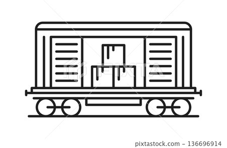 Parcel shipping wagon, cargo transportation railway line icon or label. Freight shipment industry lineart icon, cargo railroad logistics vector pictogram. Goods delivery railway transportation symbol Parcel shipping wagon, cargo transportation railway line icon or label. Freight shipment industry lineart icon, cargo railroad logistics vector pictogram. Goods delivery railway transportation symbol 136696914