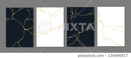 Kintsugi Japanese art background of repairing broken pottery with gold. Golden crack lines spreading across deep black and white panels, aesthetic sophisticated and luxurious bg Kintsugi Japanese art background of repairing broken pottery with gold. Golden crack lines spreading across deep black and white panels, aesthetic sophisticated and luxurious bg 136696917