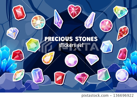 Cartoon gems and gemstones stickers pack. Jewelry precious ruby gem vector tag, treasure shinny sapphire crystal label. Magic emerald gemstone sticker or diamond minerals patch Cartoon gems and gemstones stickers pack. Jewelry precious ruby gem vector tag, treasure shinny sapphire crystal label. Magic emerald gemstone sticker or diamond minerals patch 136696922