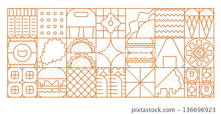 Fast food geometric abstract Bauhaus pattern. Street food cafe abstract vector pattern, fast food menu Bauhaus pattern with with burger, ice cream, pizza, kebab, sushi and fries, soda, dumpling meals Fast food geometric abstract Bauhaus pattern. Street food cafe abstract vector pattern, fast food menu Bauhaus pattern with with burger, ice cream, pizza, kebab, sushi and fries, soda, dumpling meals 136696923