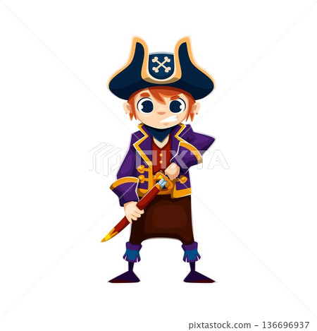 Cartoon kid pirate fighter funny character. A determined boy in a pirate costume, wielding a sword with a focused expression, ready for a playful duel. Funny vector boy in tricorn hat for pirate games Cartoon kid pirate fighter funny character. A determined boy in a pirate costume, wielding a sword with a focused expression, ready for a playful duel. Funny vector boy in tricorn hat for pirate games 136696937