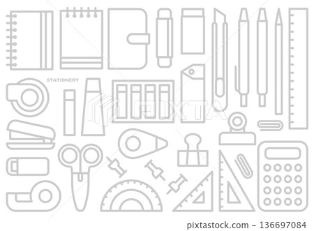 簡潔可愛的文具線條畫插圖套裝,向量白色背景 簡潔可愛的文具線條畫插圖套裝,向量白色背景 136697084