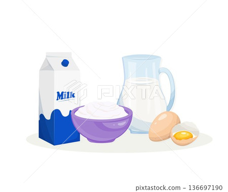 Dairy Products Illustration with Milk Yogurt Eggs in Clean Modern Style 136697190