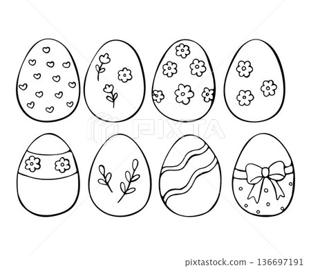 Hand Drawn Easter Eggs Coloring Illustration Set 136697191