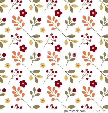 Seamless floral pattern with leaves and small flowers on light background. Perfect for textiles, wrapping paper, stationery, wallpapers and surface design projects. 136697194