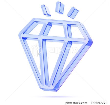 Glass hologram diamond 3d render icon. Shining jewel crystal stone reflect light, bright precious gem in outline style. Glowing treasure with blue purple gradient on white background. 3D illustration Glass hologram diamond 3d render icon. Shining jewel crystal stone reflect light, bright precious gem in outline style. Glowing treasure with blue purple gradient on white background. 3D illustration 136697279