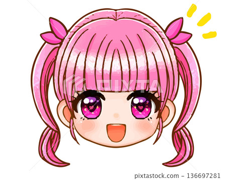 Twin-tailed pink-haired chibi character girl anime face icon illustration 2 Twin-tailed pink-haired chibi character girl anime face icon illustration 2 136697281